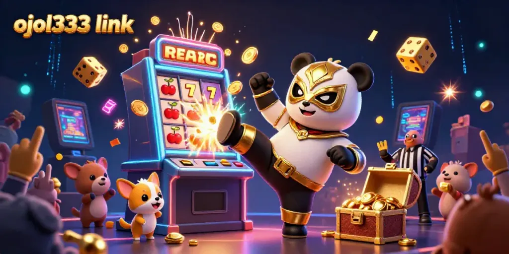 Experience the thrill of gaming at ojol333 link, featuring a lively scene of a panda wrestler and celebrating animal spectators.