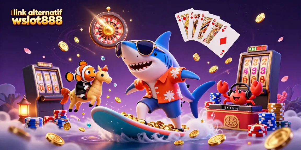 Gambarlah aksi yang menarik dengan link alternatif wslot888 menunjukkan ikan hiu kartun dan teman-temannya di kasino.