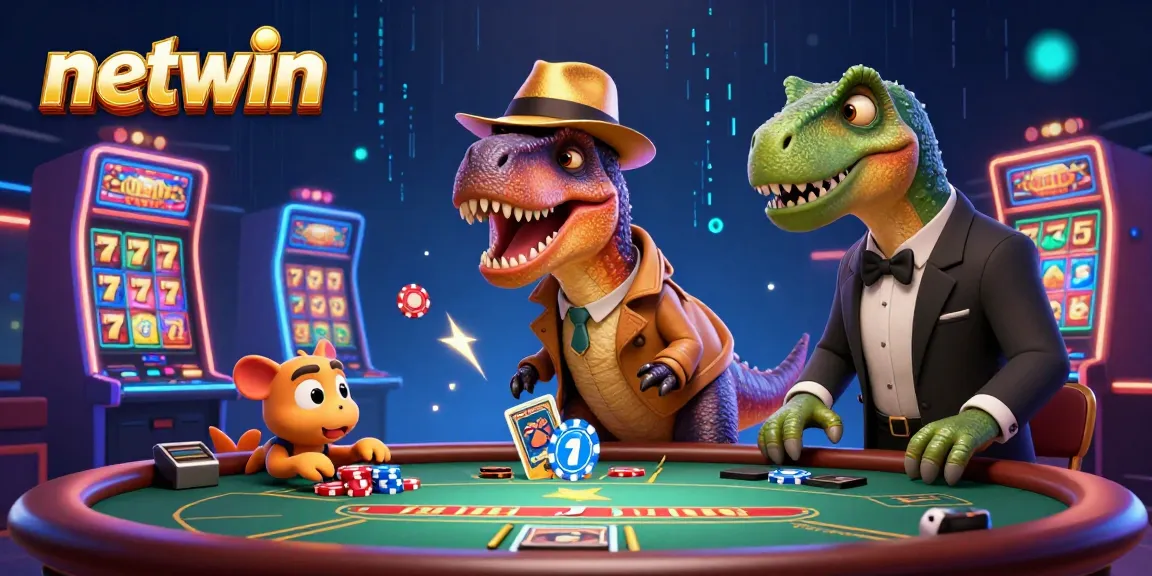 Engage with netwin's dynamic gaming experience featuring a velociraptor at a blackjack table.