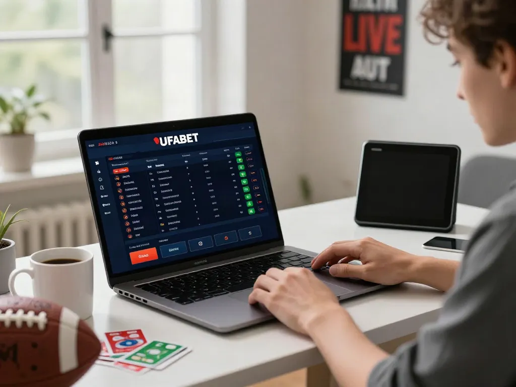 Professional bettor engaging with UFABET on a laptop in a stylish home office.