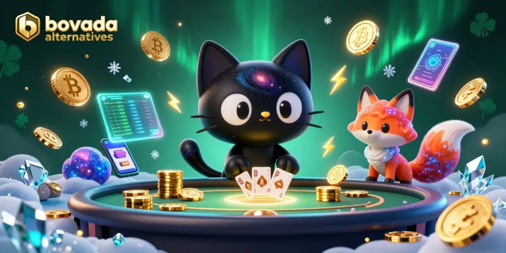 Engage with exciting bovada alternatives through this vibrant cosmic casino scene featuring a black hole cat.