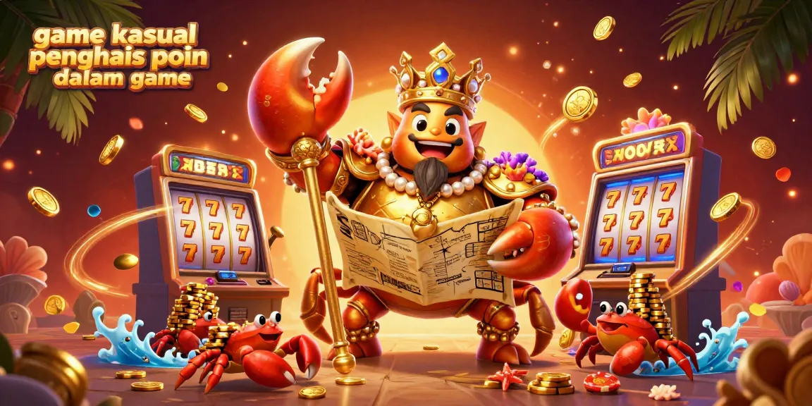 Menangkan poin dalam game kasual dengan karakter lobster emas dan mesin slot berputar dalam latar yang kaya.