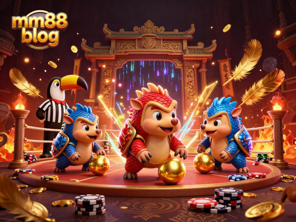 Bowling pangolins in mm88 blog contest among poker chips and casino elements.