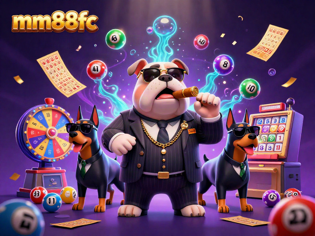 Engage dynamically with mm88fc's vibrant lottery scene featuring cartoon mafia elements and casino excitement.