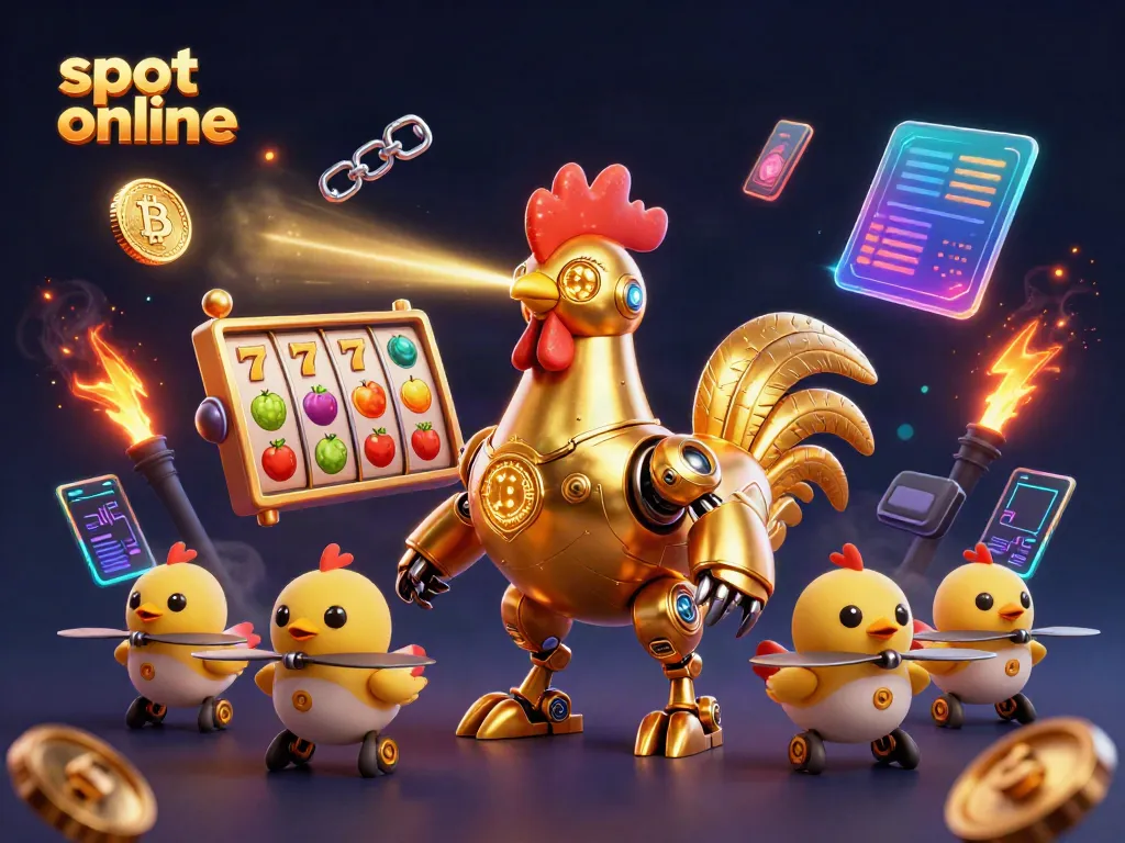 Experience the joy of slot online with a vibrant 3D golden rooster robot and baby chick drones.