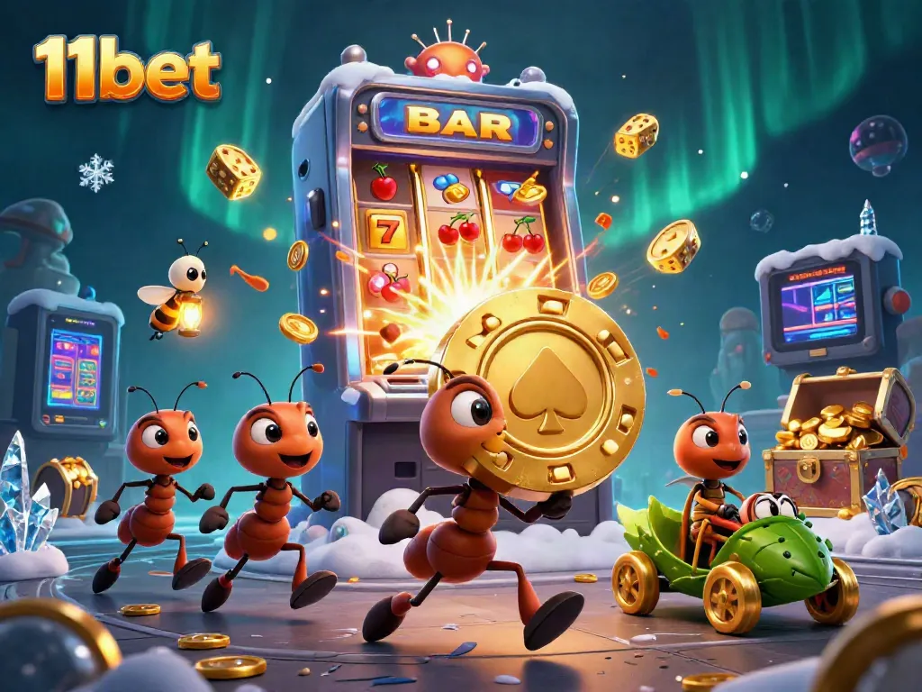 11bet ants heist with huge poker chip amid vibrant casino elements, showcasing excitement