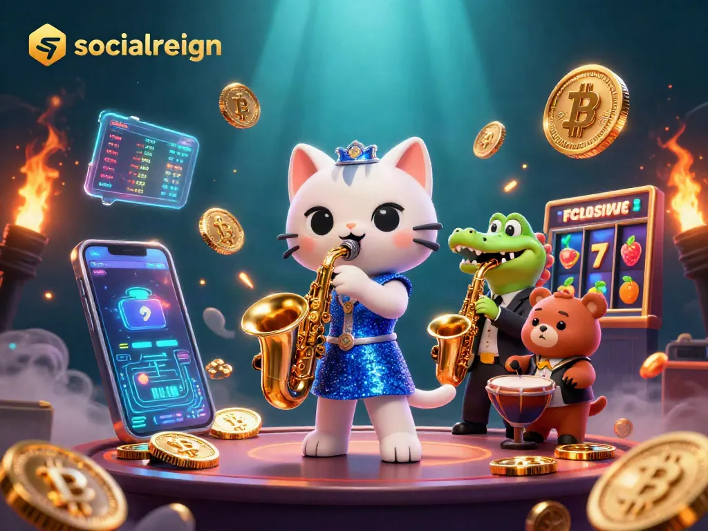 Engage with socialreign's vibrant casino scene featuring a jazz-singer cat, saxophone crocodile, and bear cub.