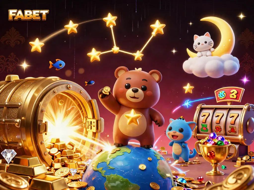 FABET showcases a mesmerizing casino scene with golden treasures and vibrant elements, capturing excitement.