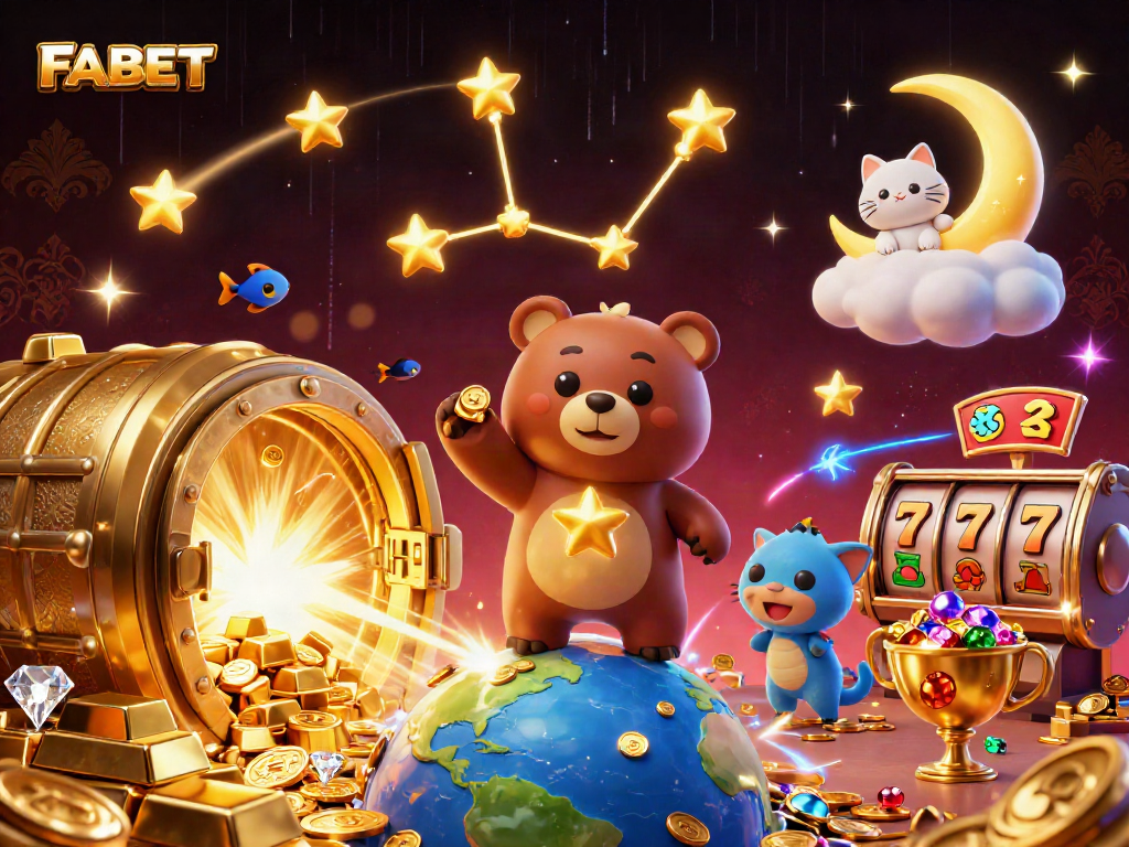 FABET showcases a mesmerizing casino scene with golden treasures and vibrant elements, capturing excitement.