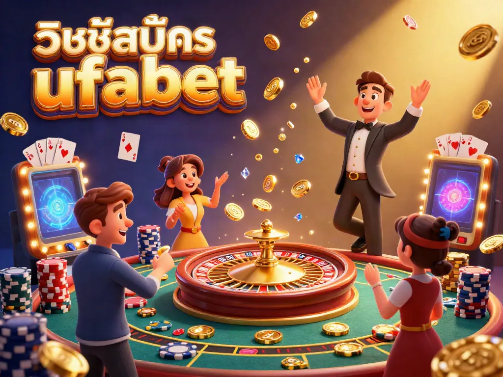 Experience วิธีสมัคร ufabet with a thrilling scene of casino excitement featuring players, cards, and coins.