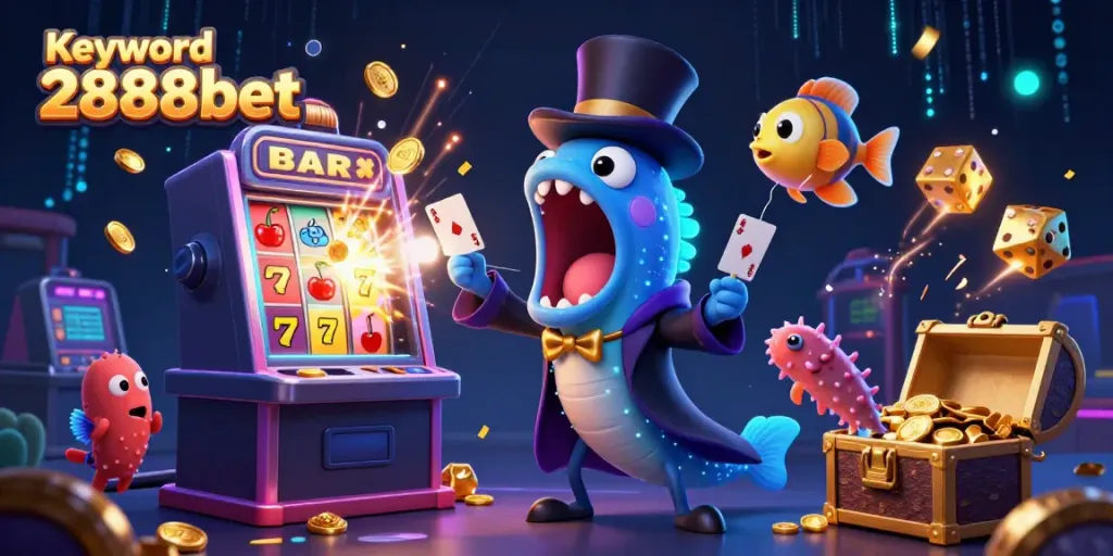 Experience thrilling card tricks and jackpots with 2888bet in this vibrant casino-themed illustration