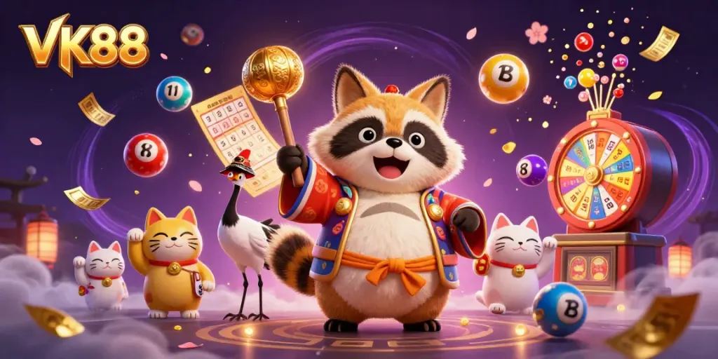 Engage with VK88 in this exciting animated scene filled with colorful lottery balls and festive characters.