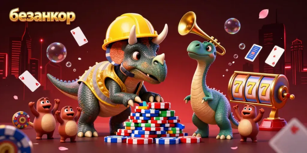 Experience vibrant excitement at безанкор casino with a dynamic triceratops and colorful slots around it.