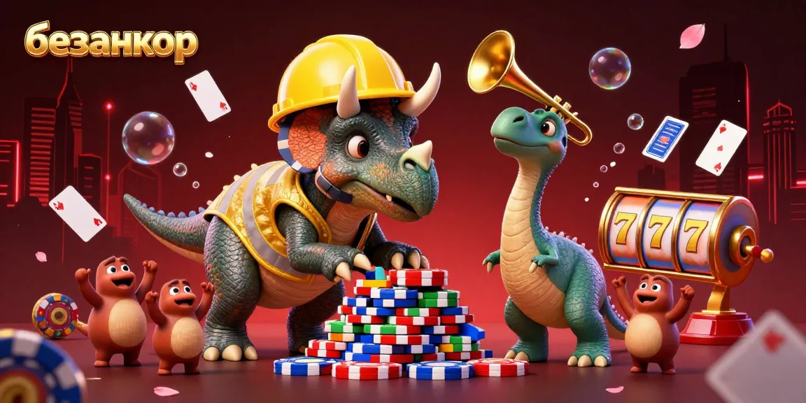 Experience vibrant excitement at безанкор casino with a dynamic triceratops and colorful slots around it.