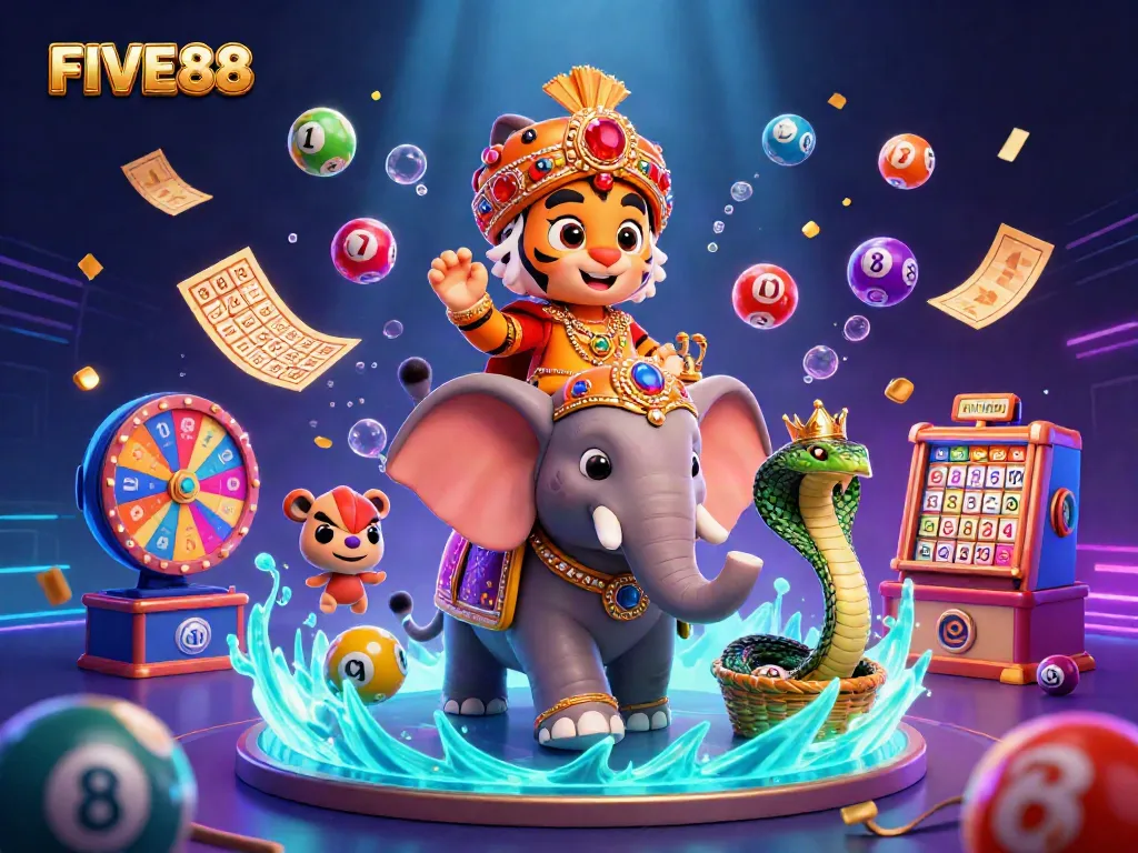 Experience the vibrant world of FIVE88 with a thrilling illustration of a maharaja tiger, elephant, and lottery elements.