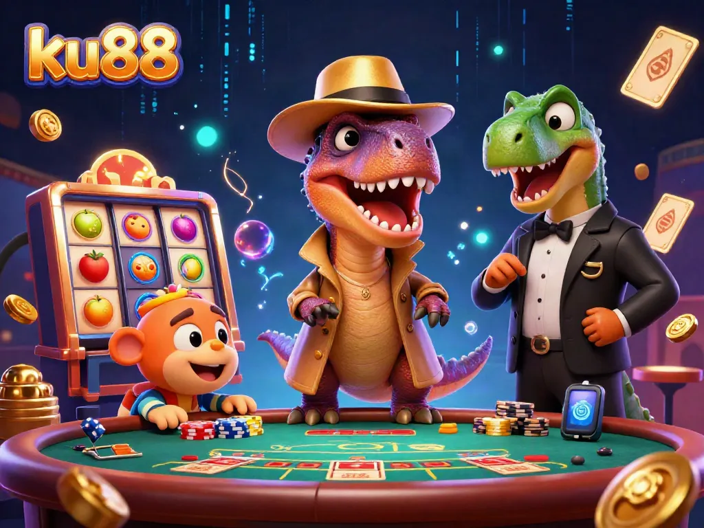 Depicting ku88's exciting casino scene with a velociraptor at a blackjack table and colorful slot elements.