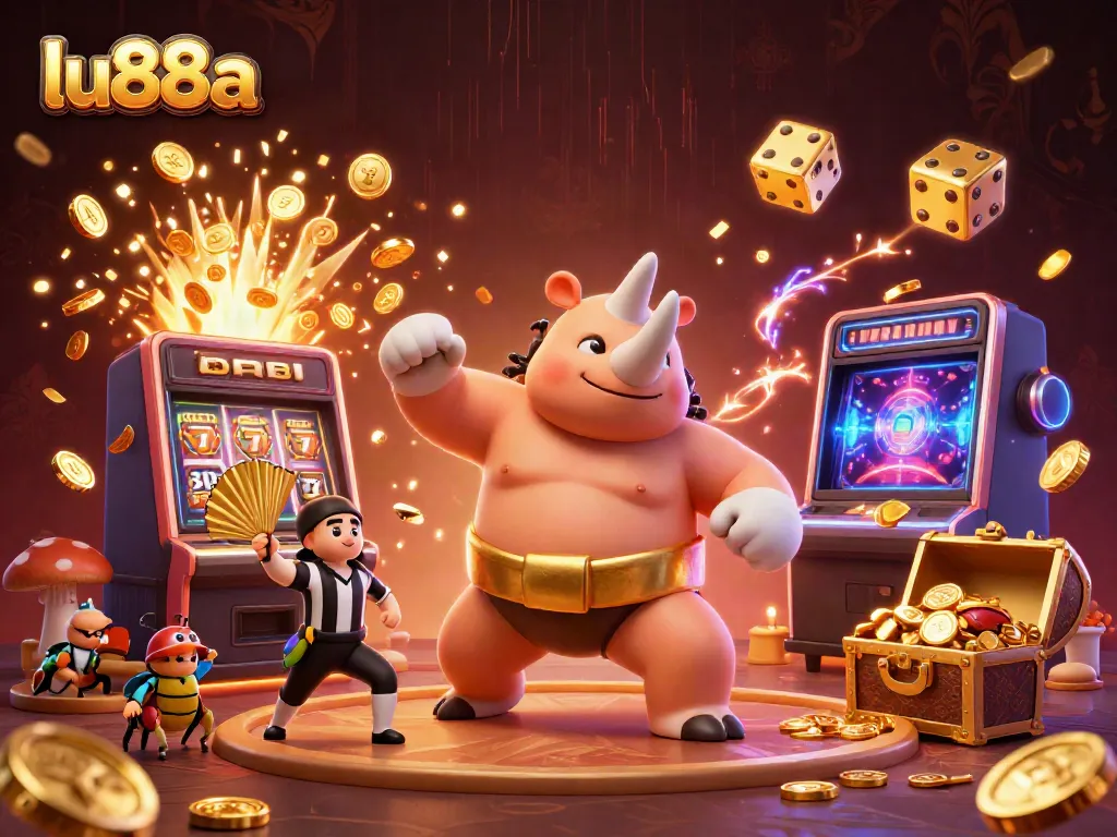Experience excitement with lu88a as a sumo champion beetle unleashes golden coins in a vibrant casino scene.