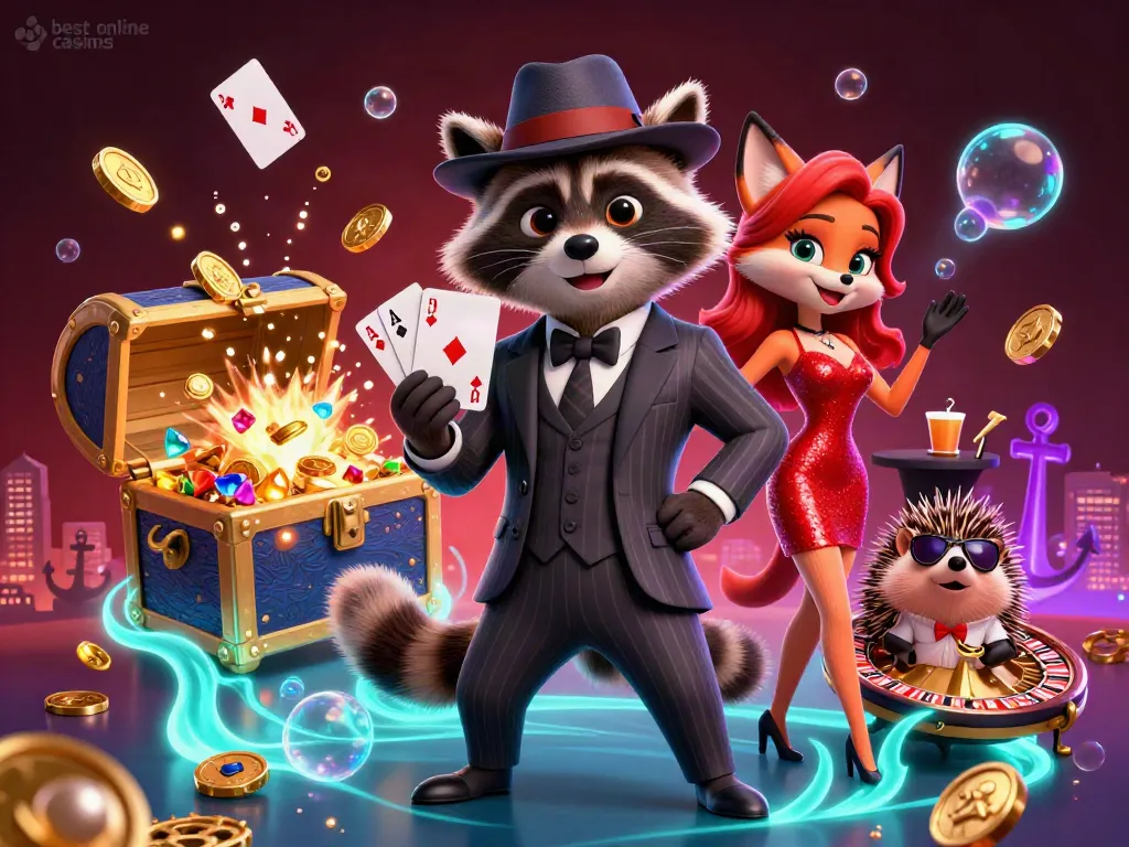 Experience the best online casinos with a raccoon holding a royal flush, surrounded by casino treasures.