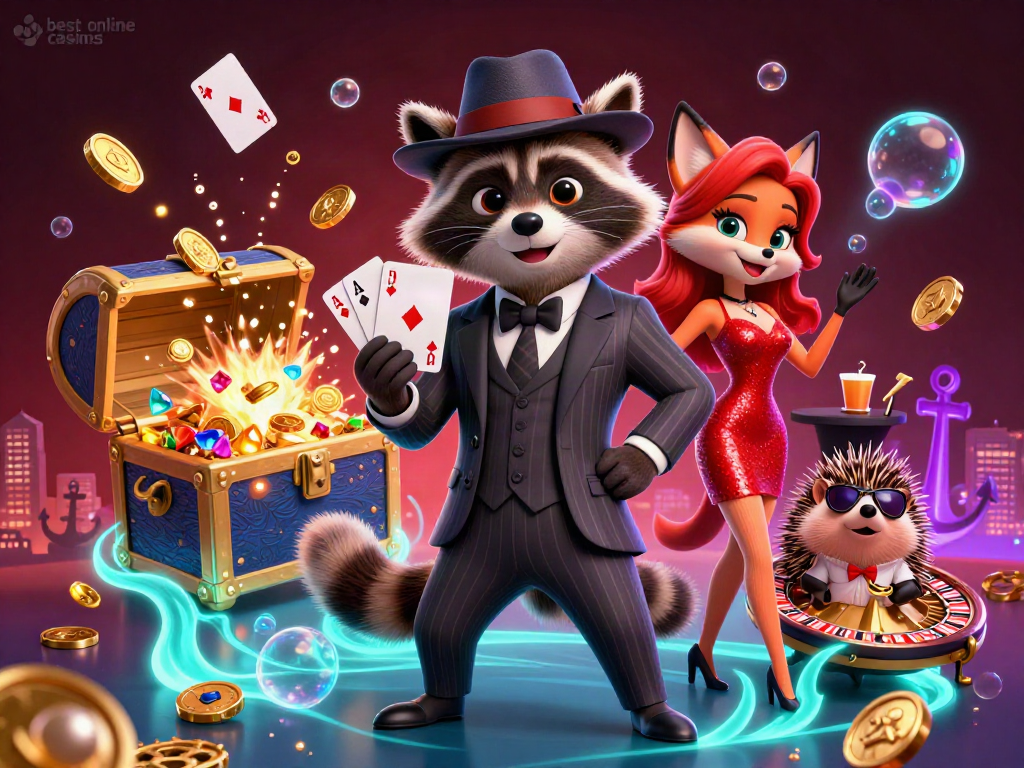 Experience the best online casinos with a raccoon holding a royal flush, surrounded by casino treasures.