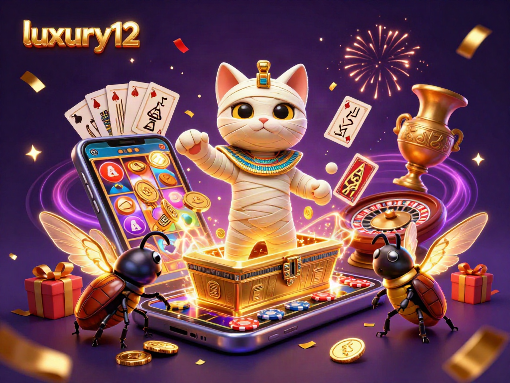 Experience luxury12 casino excitement with a vibrant mummy cat and gold coins.