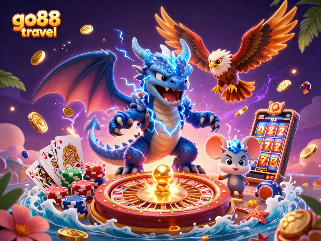 Experience thrilling gaming adventures with go88 travel and vibrant casino elements in this dynamic illustration.