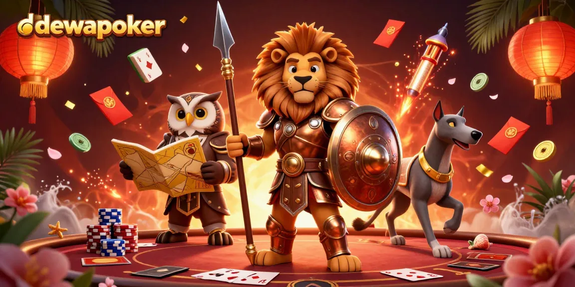 Dewapoker offers an engaging poker experience with a vibrant 3D illustration of a heroic lion and gambling elements.