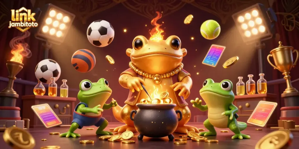 Bet on outcomes with link jambitoto, showcasing a vibrant 3D scene of mystical alchemy and sports.
