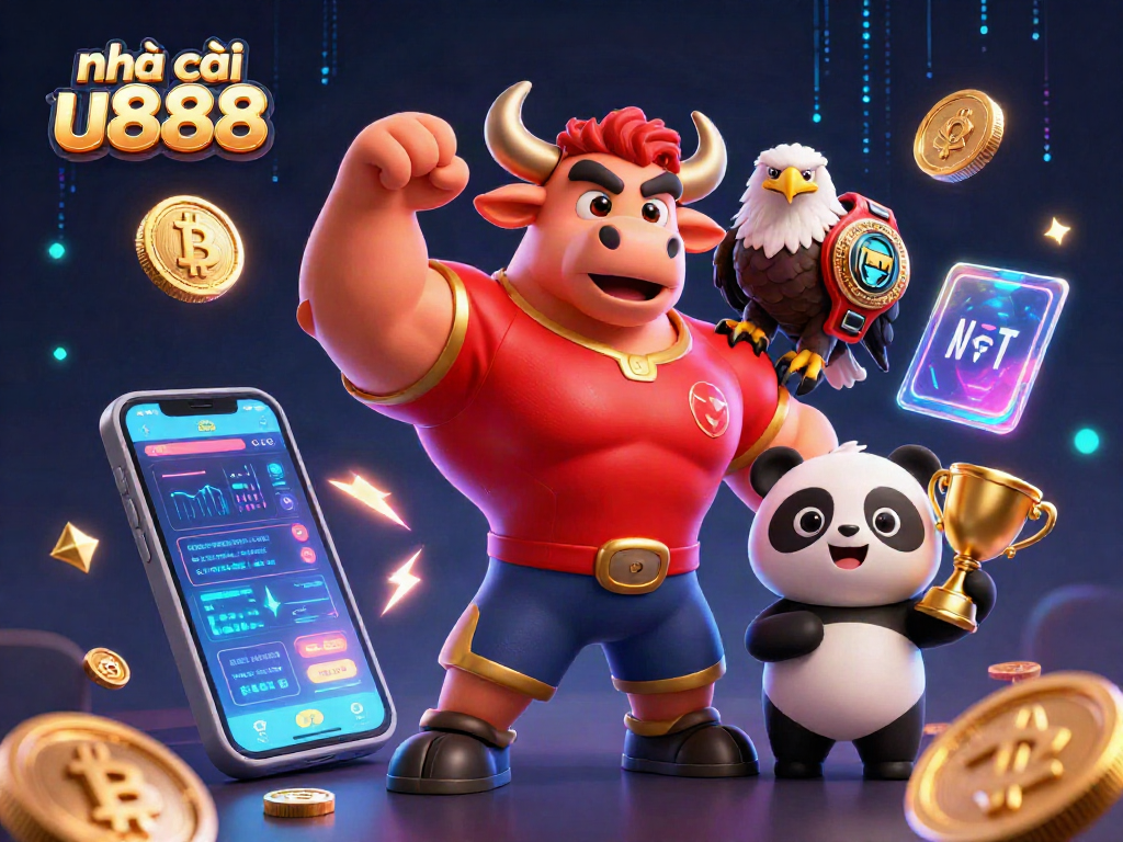 Engage with nhà cái u888 in a vibrant 3D casino scene featuring a champion bull mascot.