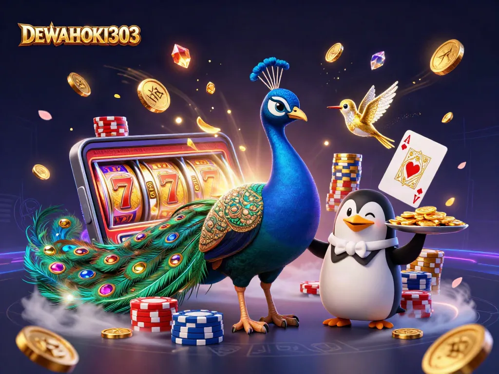 DEWAHOKI303 menampilkan merak 3D dan penguin dengan koin emas dalam suasana kasino yang meriah.