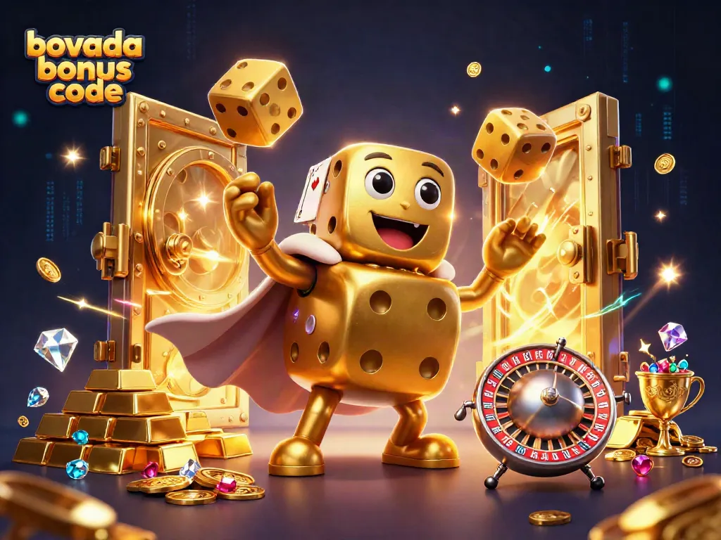 Engage with the Bovada bonus code, featuring golden dice and casino treasures in a vibrant 3D scene.