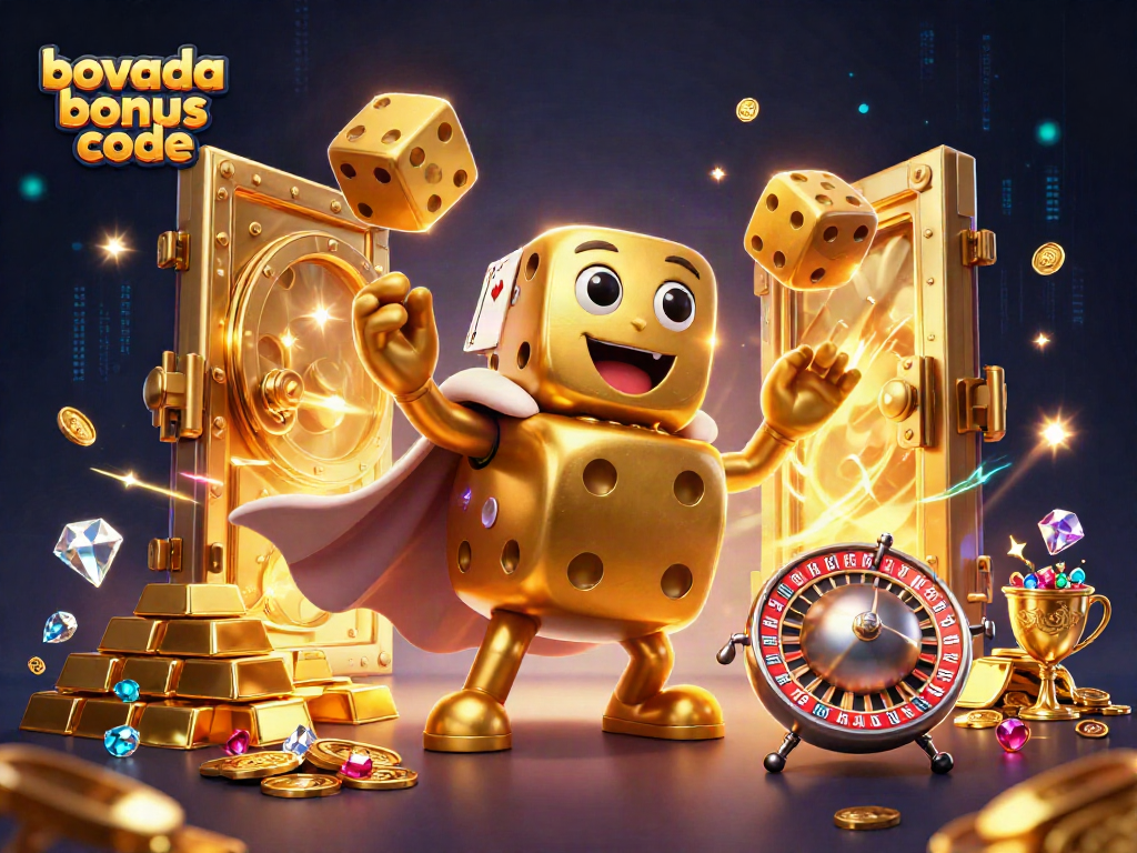 Engage with the Bovada bonus code, featuring golden dice and casino treasures in a vibrant 3D scene.