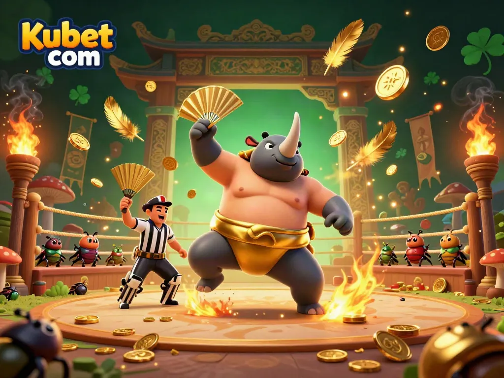 Kubet com showcases a lively sumo match with a rhinoceros beetle champion amid flying coins and vibrant casino elements.