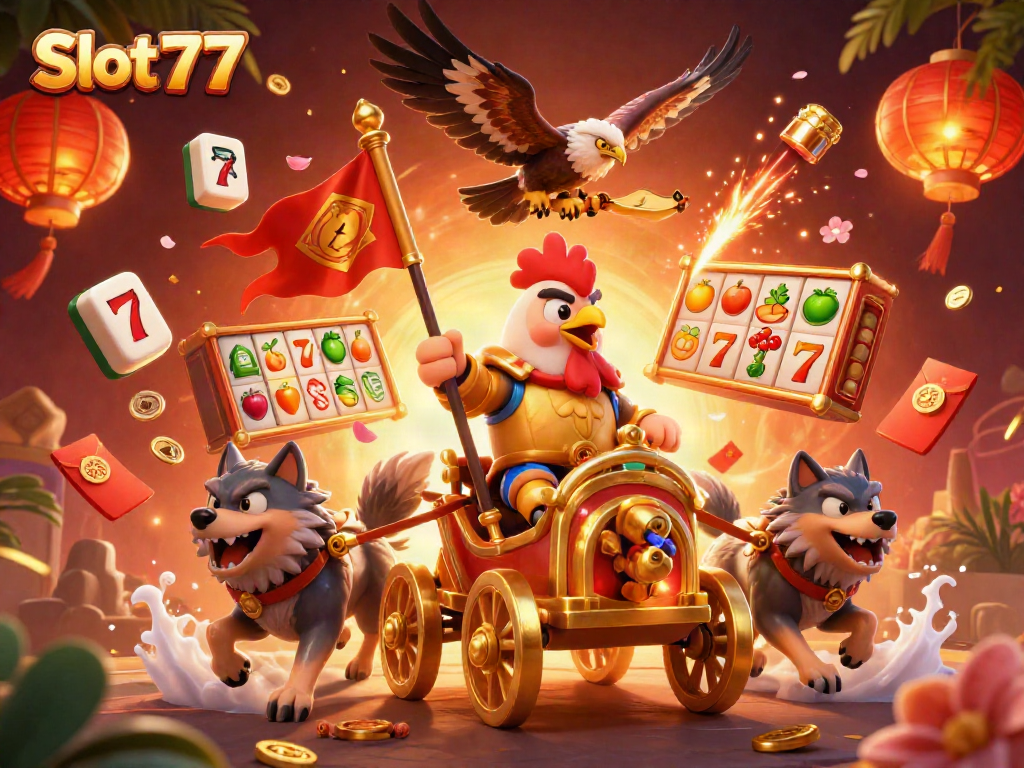 Engage with Slot777's thrilling slots experience through dynamic 3D animation featuring a rooster warlord and symbols.