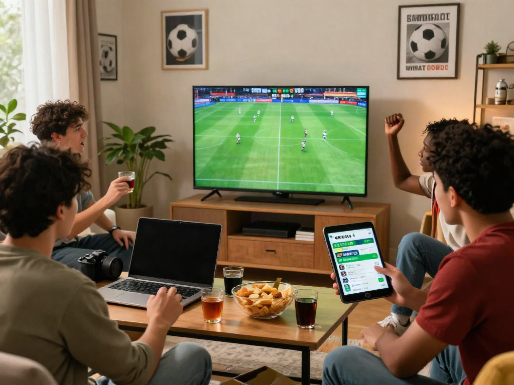 Exciting WWBOLA sports betting scene with friends enjoying a football match.