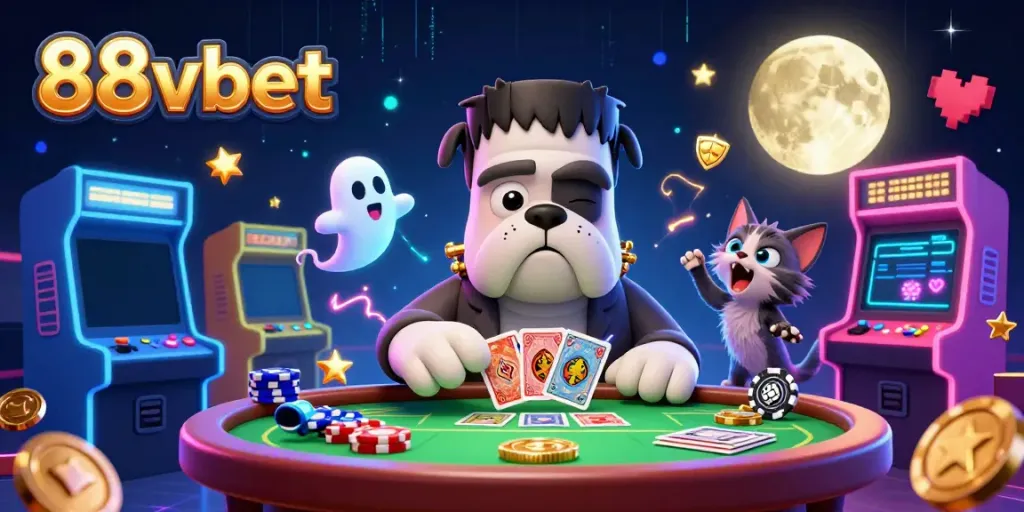 Experience thrilling activities at 88vbet with a cartoon Frankenstein bulldog dealing cards at a casino table.