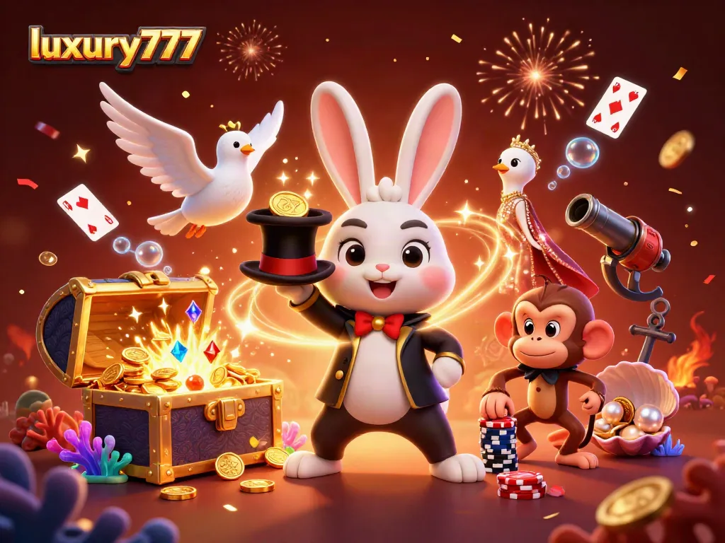 Experience thrilling wins with luxury777 as the magician rabbit summons coins and poker chips in a vibrant casino scene.