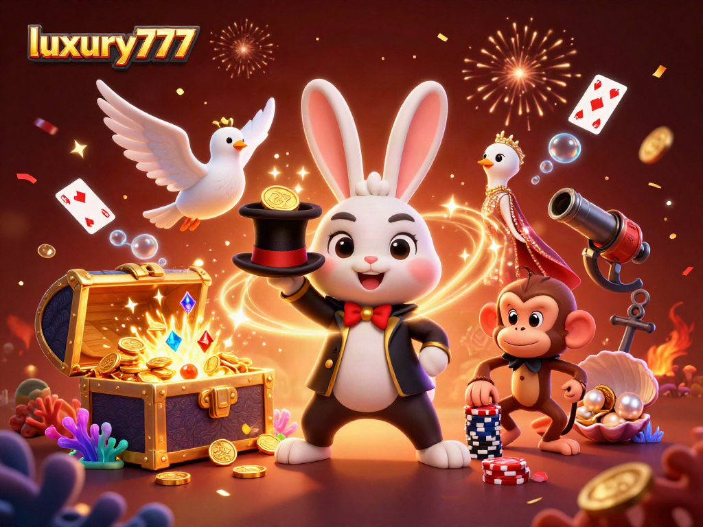 Experience thrilling wins with luxury777 as the magician rabbit summons coins and poker chips in a vibrant casino scene.