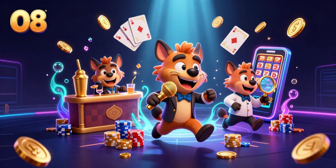 Immerse in O8's vibrant comedy casino scene with hyena characters, sparkling gems, and rich gaming elements.