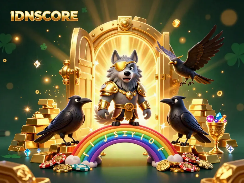 Experience winning at IDNSCORE as a cartoon Norse mythology-inspired scene showcases Odin and his ravens in a vibrant casino atmosphere.