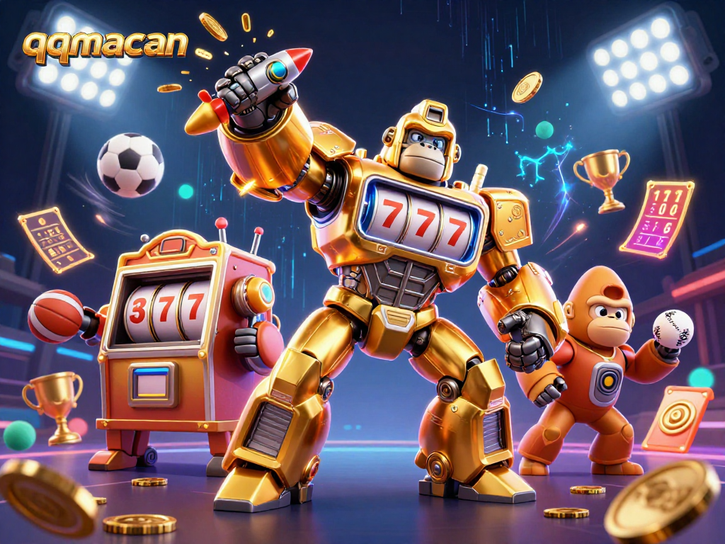 Experience the thrill of betting with qqmacan's betting slip cards and golden trophy in a vibrant 3D scene.