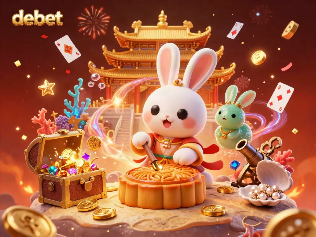 Experience debet with a vibrant 3D scene of moon rabbits unveiling poker chips amidst festive celebrations.