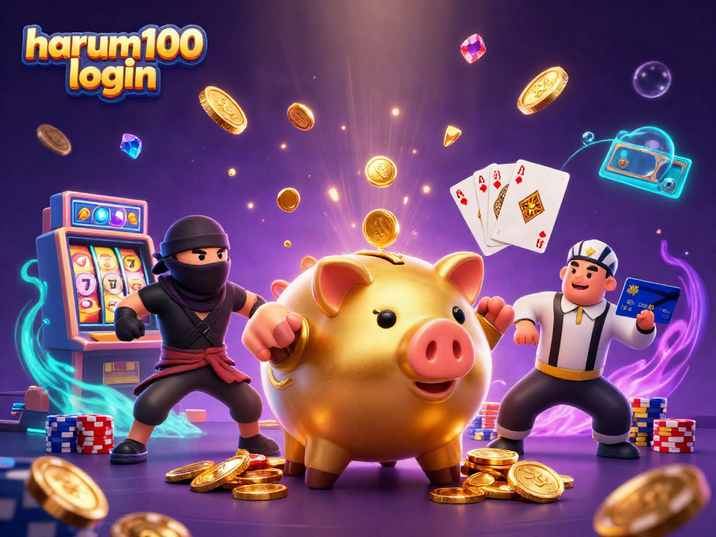 Gambaran 3D yang penuh warna dengan "harum100 login" menggambarkan pegulat bank piggy emas dan petarung kartu.