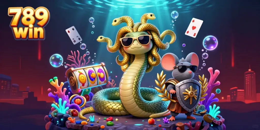 Engage with 789 win in a lively casino scene featuring Medusa and a warrior mouse amidst treasure and games.