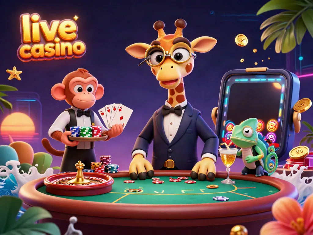 Experience the thrill of live casino with a high-roller giraffe, monkey valet, and chameleon bartender.
