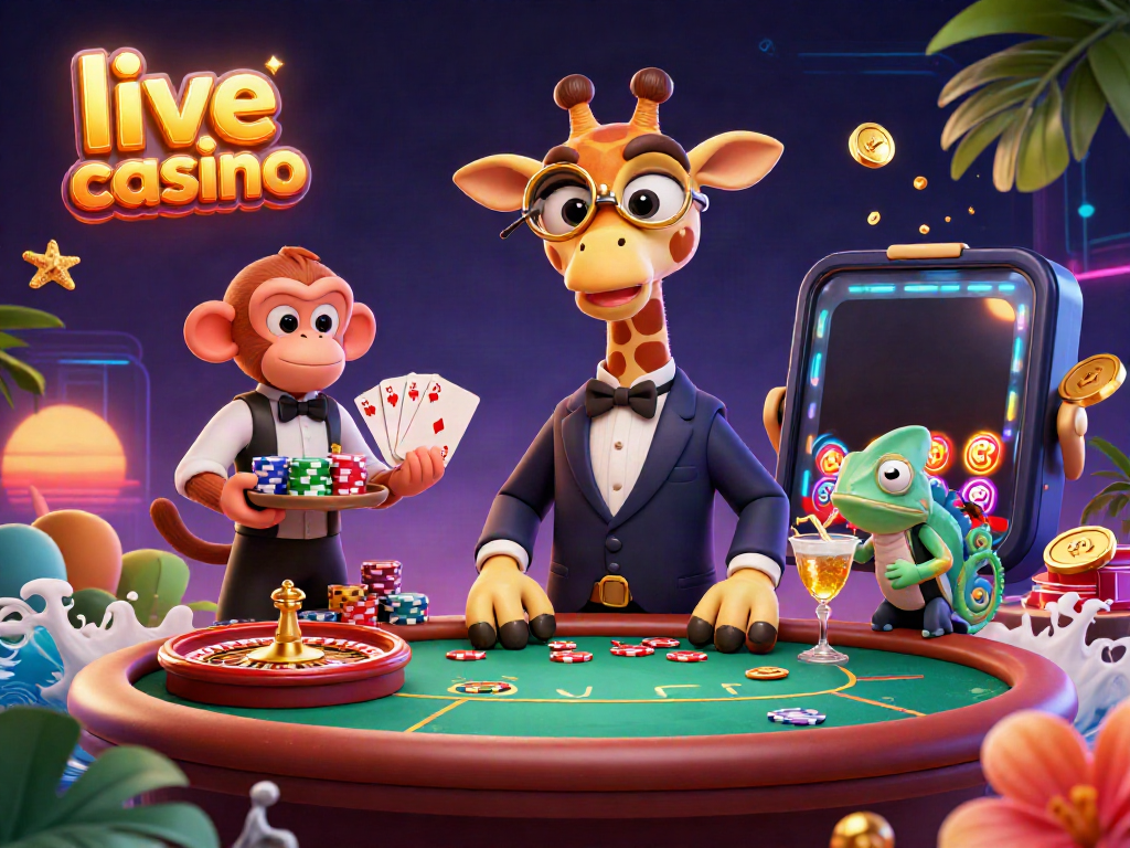 Experience the thrill of live casino with a high-roller giraffe, monkey valet, and chameleon bartender.