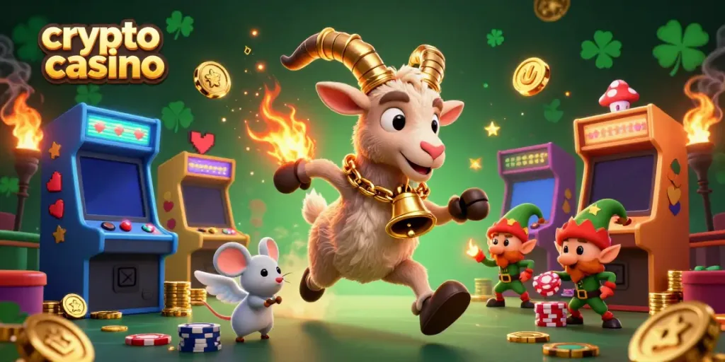 Experience the excitement of a crypto casino with festive characters stealing poker chips in a lively illustration.