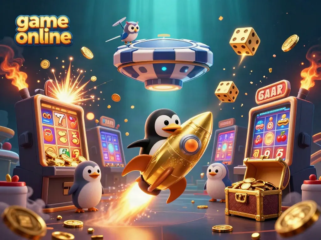 Experience thrilling game online action with a golden penguin and casino game elements bursting with excitement.