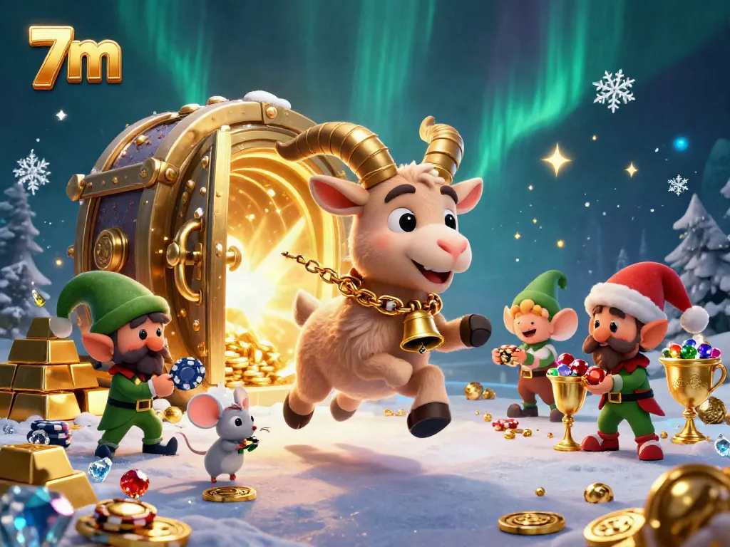 Experience the thrilling chaos of 7m with a festive 3D casino scene filled with characters and gleaming treasures.