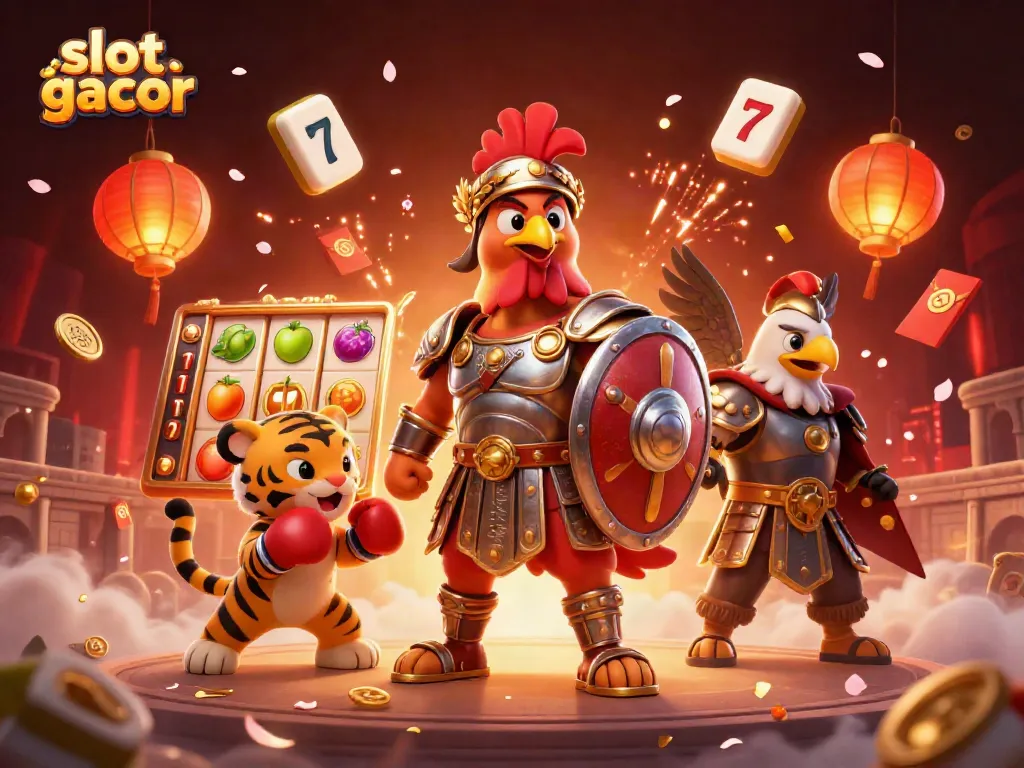 Experience thrilling slot gacor action with a vibrant casino illustration showcasing a rooster, tiger cub, and eagle.