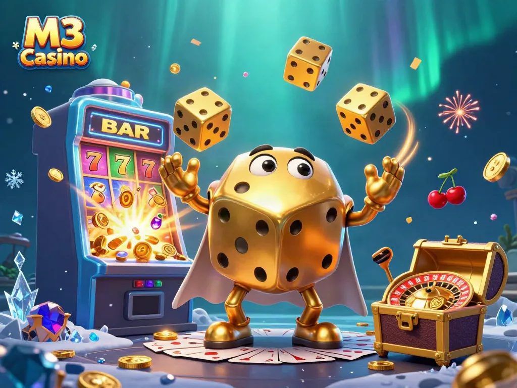 Experience excitement at M3 Casino with golden dice, jackpot wins, and vibrant gaming elements.